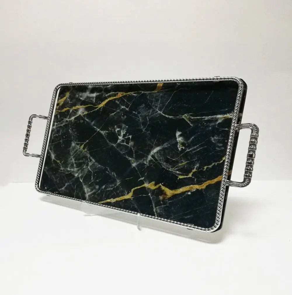 

DOLBOVI Medium Size Silver Black Marble Patterned Glass Marbled tray 35*21 * h5 cm tray поднос plateau de service