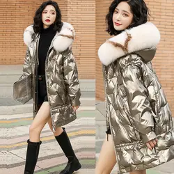 New Oversize Winter Glossy Coat Women Big Fur Collar Cotton Coat Female Thick Warm Hooded Down Cotton Jacket Parka Long Overcoat