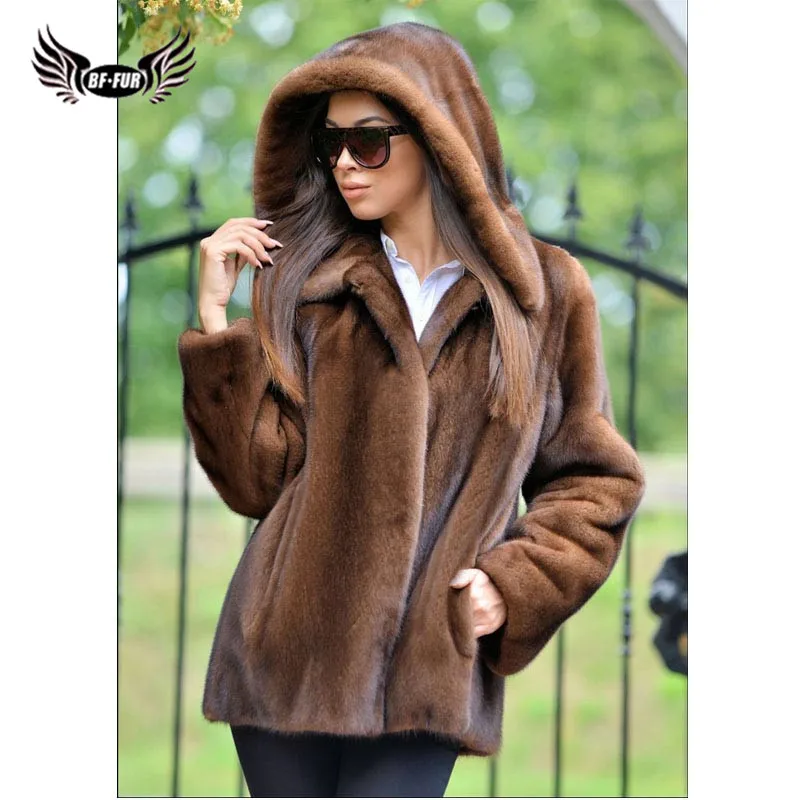 BFFUR Fashion Women Real Mink Fur Coat With Hood Winter Warm Natural Mink Fur Jackets Luxury Female Overcoats Full Pelt Woman