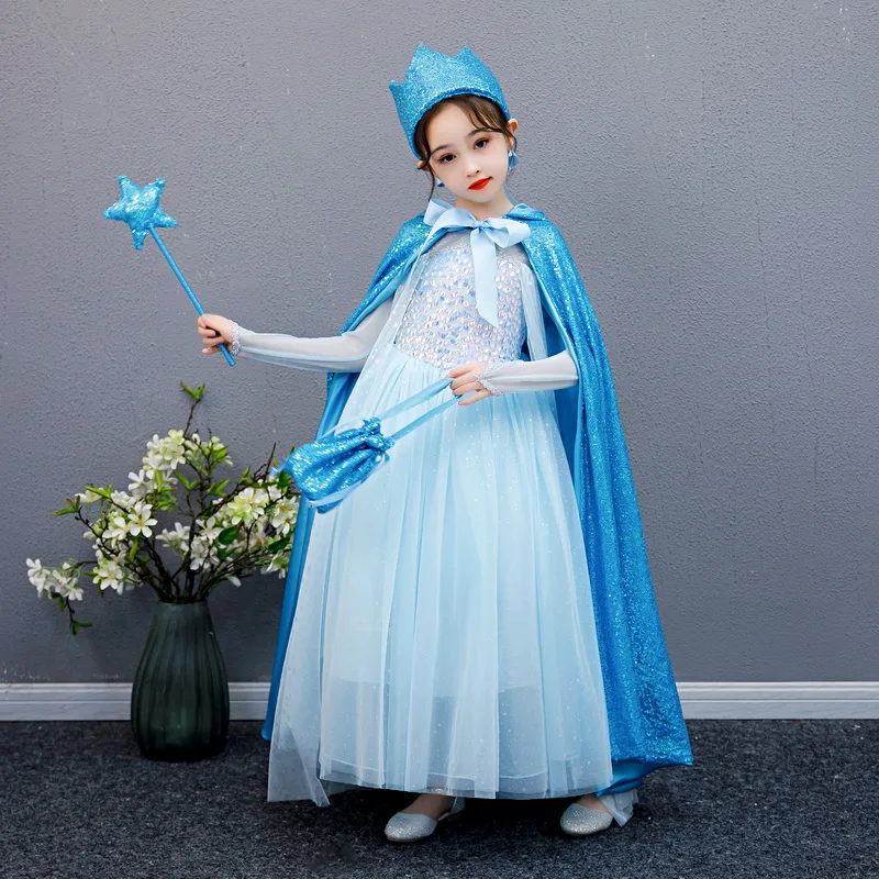 Kids Halloween Cosplay Cape Outerwear Girls Sequins Hooded Cloak Full Length Long Cloak Children Christmas Princess Costume