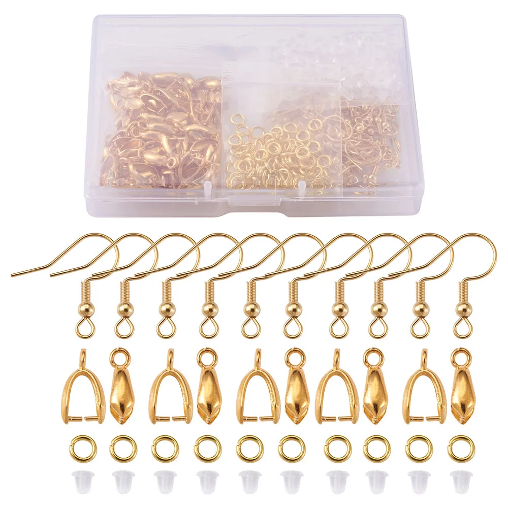 

340pcs/box 304 Stainless Steel Earring Hooks with Loop Ice Pick Pinch Bails & Close but Unsoldered Jump Rings Plastic Ear Nuts