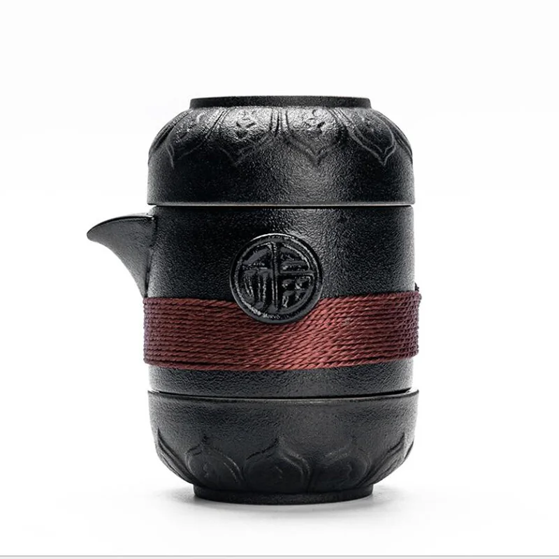 

Black ceramic teapot with 2 cups of tea set portable travel office kung fu tea set package