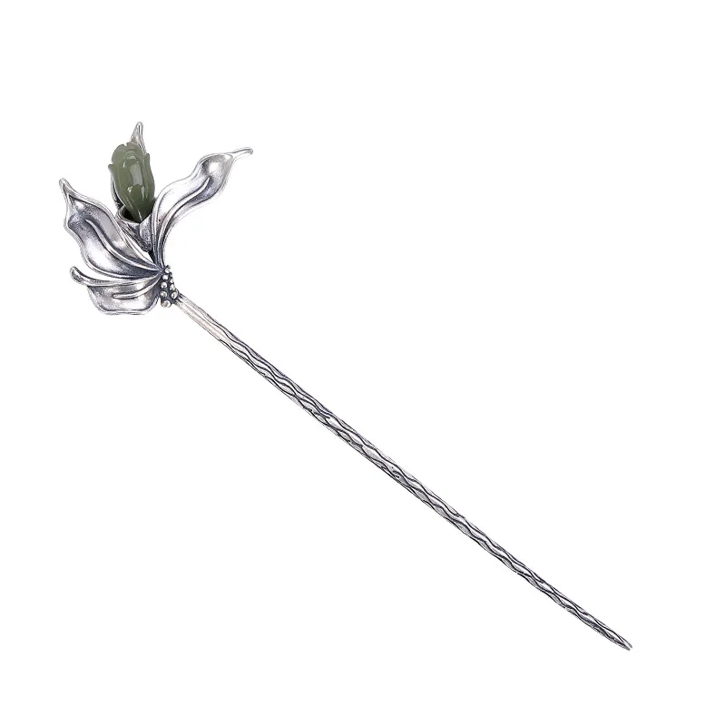 Imagem -06 - Bocai S925 Prata Esterlina Acessórios para o Cabelo Retro Flor Hetian Jade Headdress Puro Argentum Hairpin Charme Jóias para Mulher