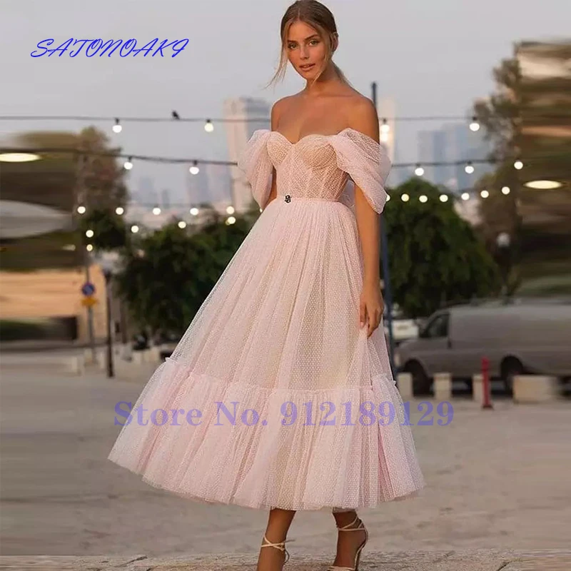 

Vestidos De Novia Short Sweetheart Wedding Dress Tea Length Blush Pink Off the Shoulder Dot Tulle Elegant Bride Gown Sukienka