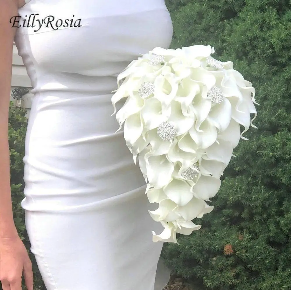 

EillyRosia Cream White Wedding Bouquet Waterfall Jewelry Elegant Teardrop Bridal Bouquet Cascading Cala lily Flowers Real Touch