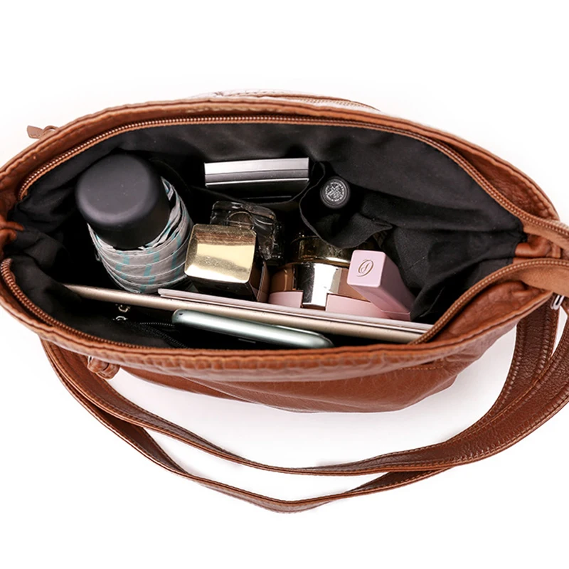 Weiche PU Leder Schulter Umhängetasche Frauen Retro Design Umhängetasche Casual Multi-reißverschluss Weibliche Täglichen Reise Handtasche Satchel – Detail 14
