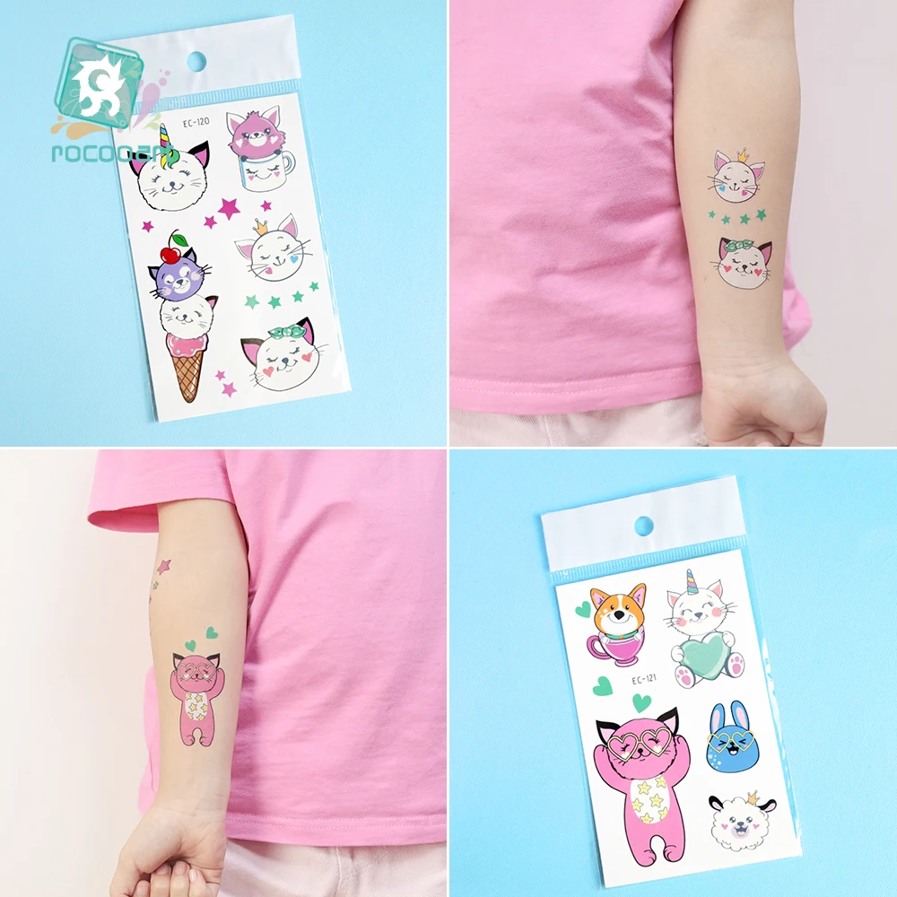 Rocooart-tatuaje de unicornio de dibujos animados para niño, tatuaje falso, tatuaje temporal, impermeable, arte corporal