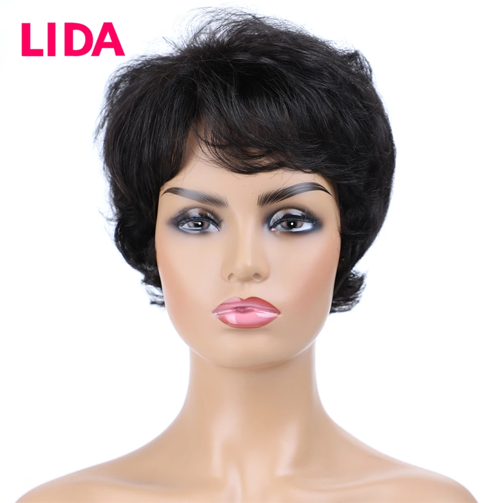 LIDA Short Human Hair Wigs 120% Destiny Natural Wavy Human Hair Wigs 6435 Remy Brazilian Human Hair 6