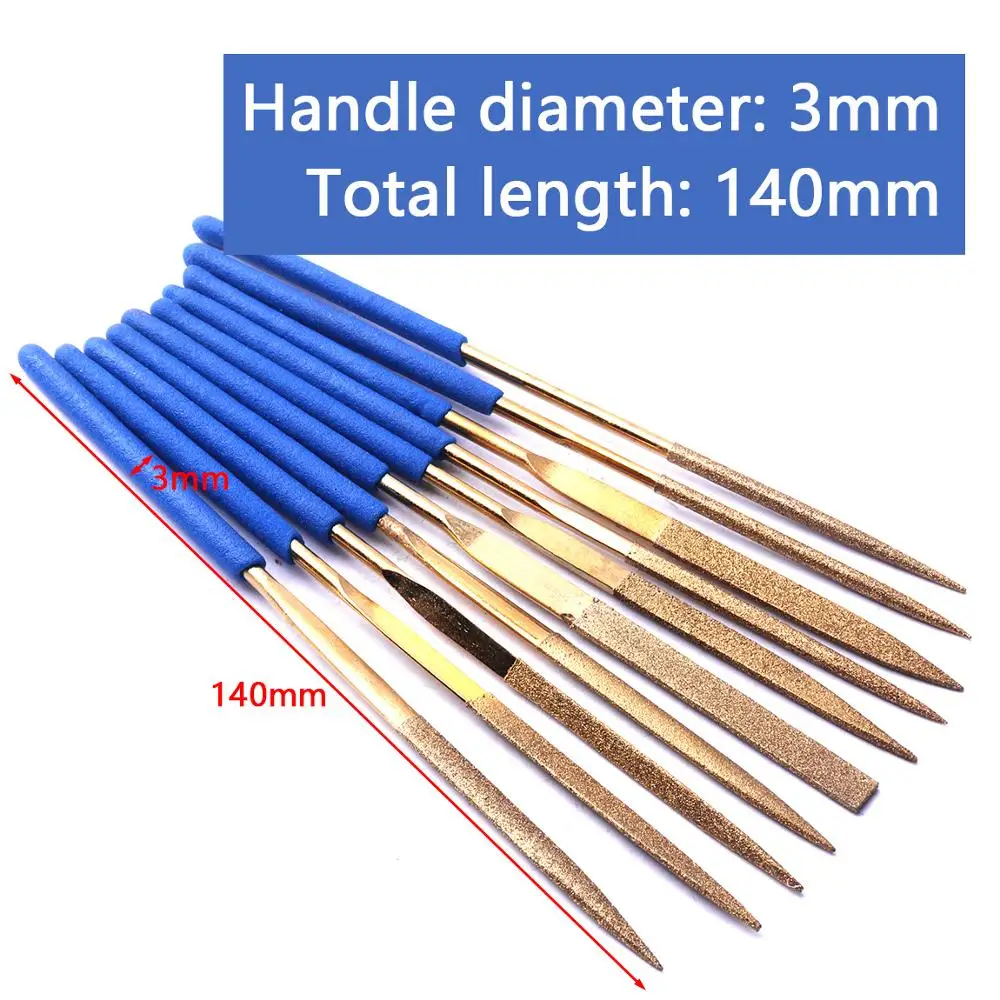 10pcs Diamond Needle File Titanium Coated 3*140mm For Metal Glass Ceramics Stone Jewelry Cutting Carving Trimming Diamond Files