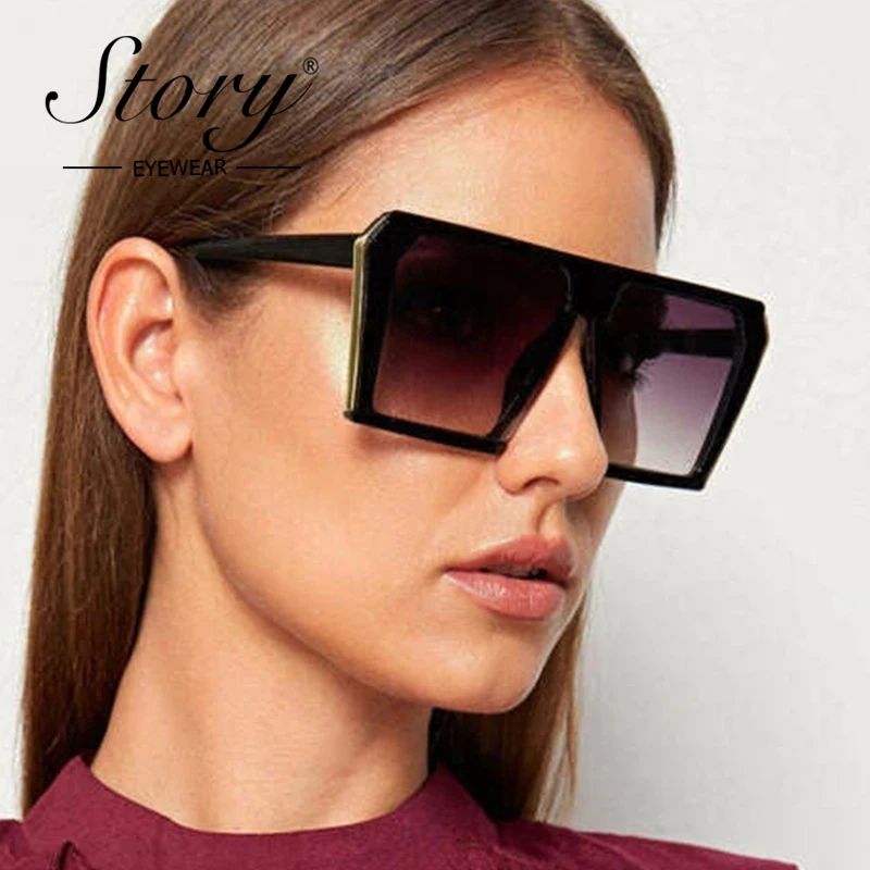 STORY Vintage Oversized Square Sunglasses Women Men 2020 Brand Design Retro Metal Edges Purple Mirrored Sun Glasses S2033B