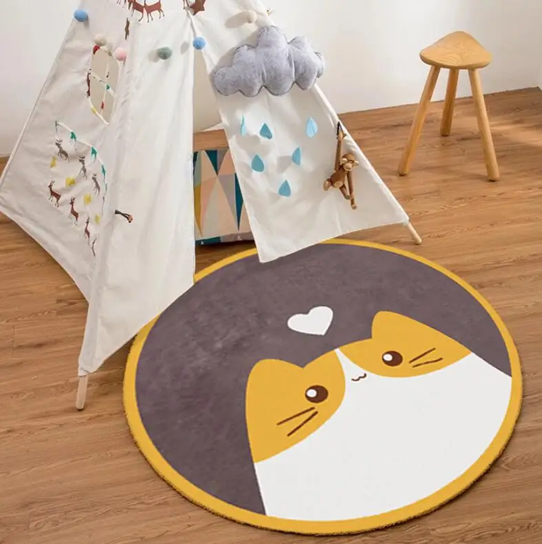 Cartoon Animal Round Carpet Cute Cat Rabbit Floor Mat Area Rug Colorful Non-slip Play Mat for Children Room Bedside Home Decor