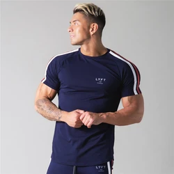 Side Striped GYM Running Men T Shirt Short Sleeve Sports T-Shirts Bodybuilding Fitness Mens Workout Cotton T-Shirt Men Shirt