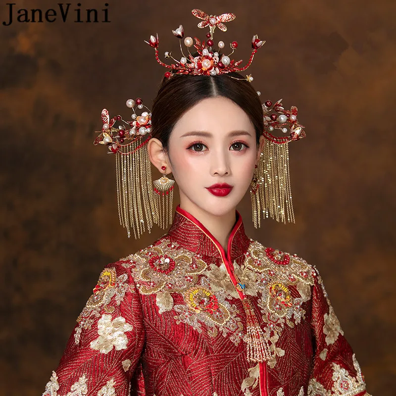 JaneVini Vintage Jewelry Chinese Headbands for Women Bride Headwear Red Pearls Flowers Tassel Dragonfly Hair Pins Earrings Set