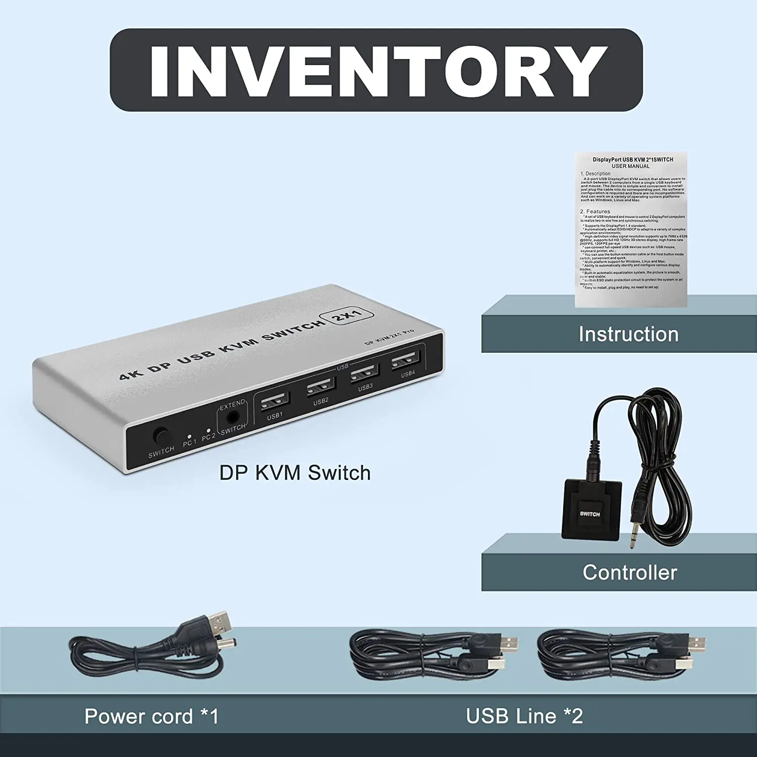 Dual-Port 8K Displayport 1.4 KVM Switch USB Displayport KVM DP Switcher 4KX2K/60Hz Displayport 1.2 USB KVM 2 In 1 Out