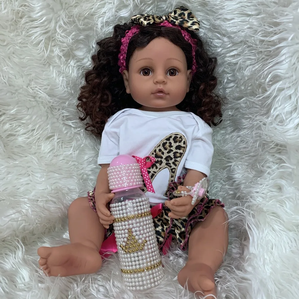 

New 55CM full body silicone reborn toddler girl doll princess brown skin curly hair lifelike real touch flexible babe girl