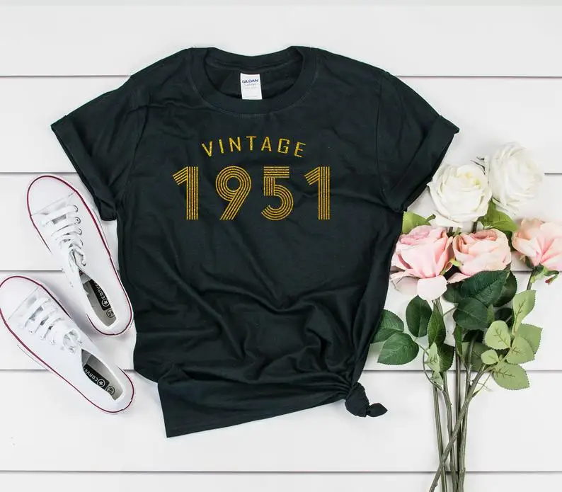 

Glitter Gold-Vintage 1951 retro T-shirt ladies gift 70th birthday gift, party shirt UNISEX SHIRT summer round neck 100% cotton