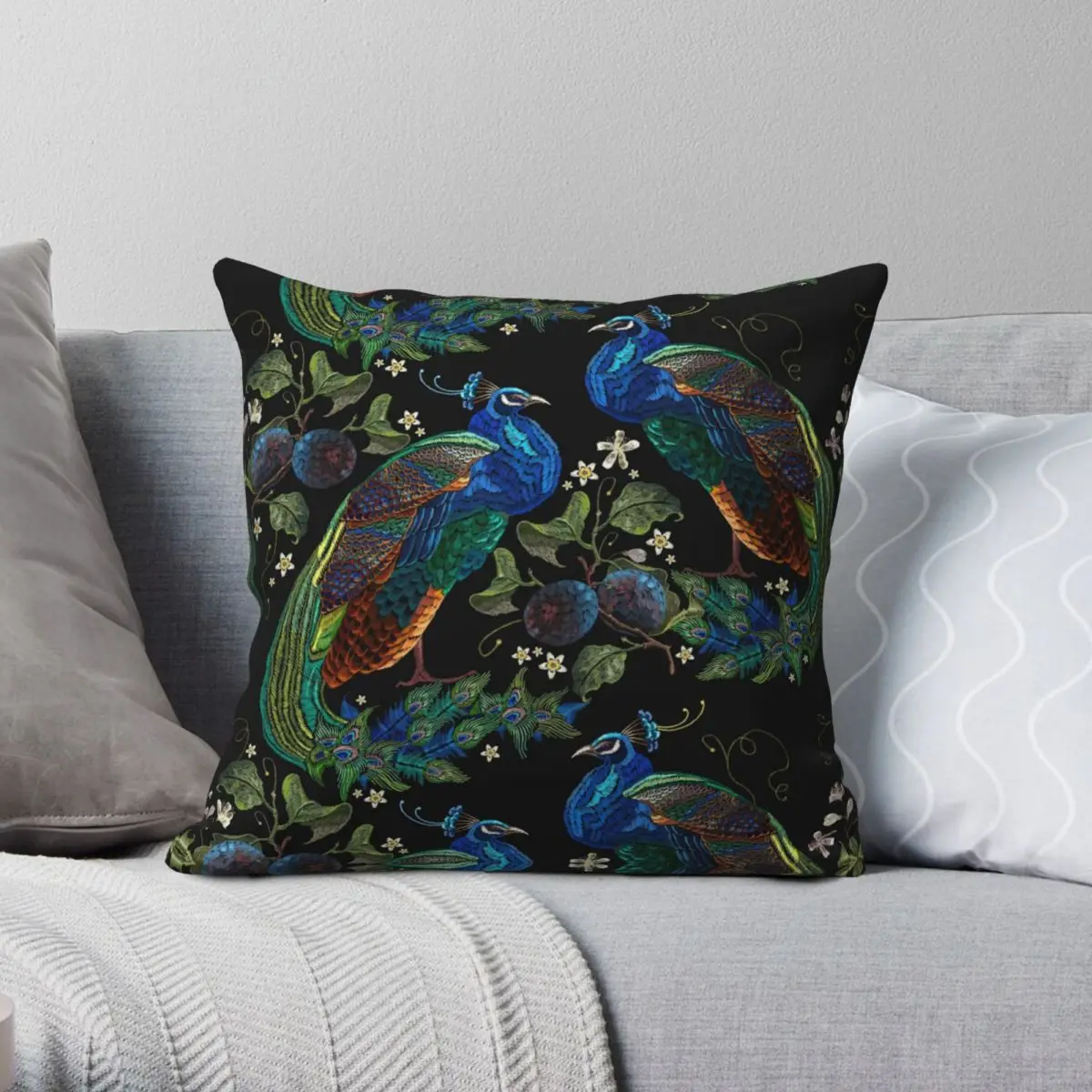 

Embroidery Peacocks Square Pillowcase Polyester Linen Velvet Pattern Zip Decor Room Cushion Cover