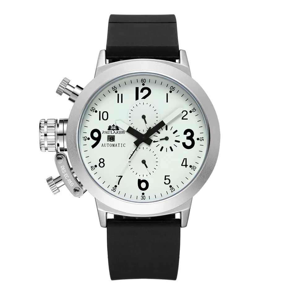 

Luxury Watch Self Winding Mens Watch Rubber Strap Silver Case Fashion U Left Hand Mechanical Men Watch Automatic Sports Watch