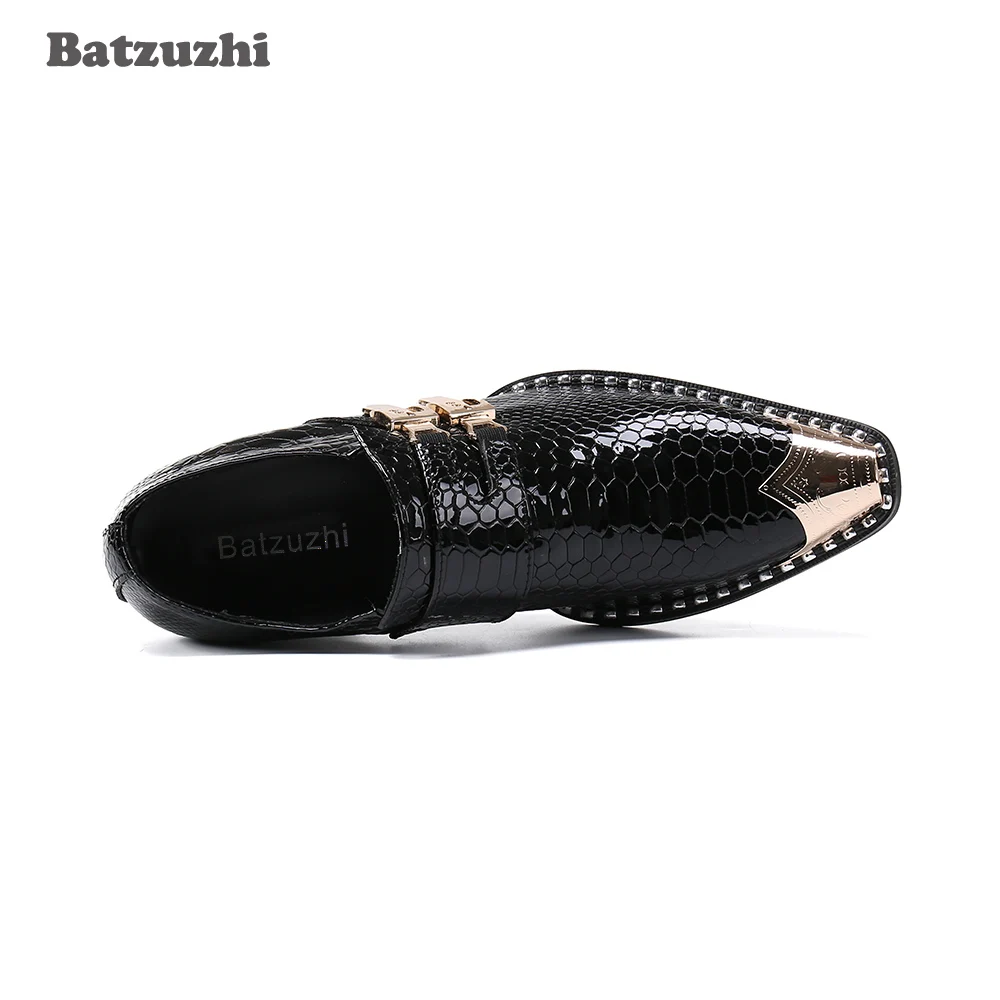 Batzuzhi 6.5cm High Heels Men's Shoes Pointed Metal Tip Black Genuine Leather Dress Shoes Men for Business and Party, 38-46