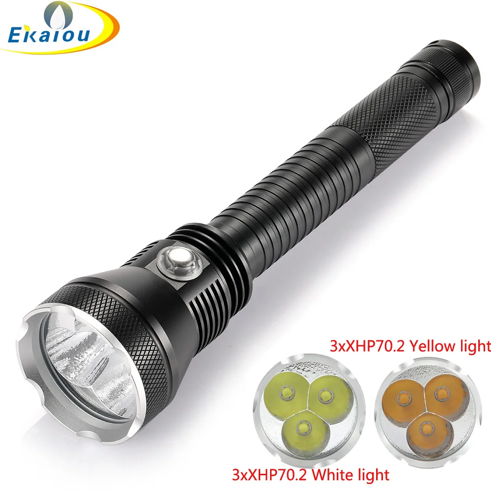 Powerful 3 X XHP70.2 LED Tactical Diving Flashlight Underwater 150M White / Yellow Night Dive Catch Fish Video Fill Light Lamp