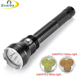 Potente linterna LED táctica para buceo, luz blanca/amarilla para captura de peces y vídeo, 150M, 3 X XHP70.2