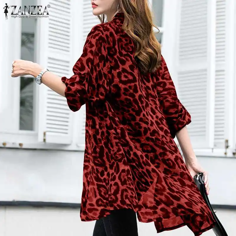 Women\'s Printed Blouses ZANZEA 2023 Fashion Summer Leopard Cardigans Long Kimono Cape Female Lapel Tunic Chemise Top