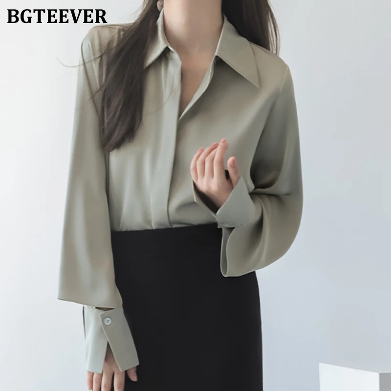 BGTEEVER Elegant Lapel Women Shirts 2022 Spring Summer Office Wear Long Sleeve Loose Single-breasted Female Blouses Tops