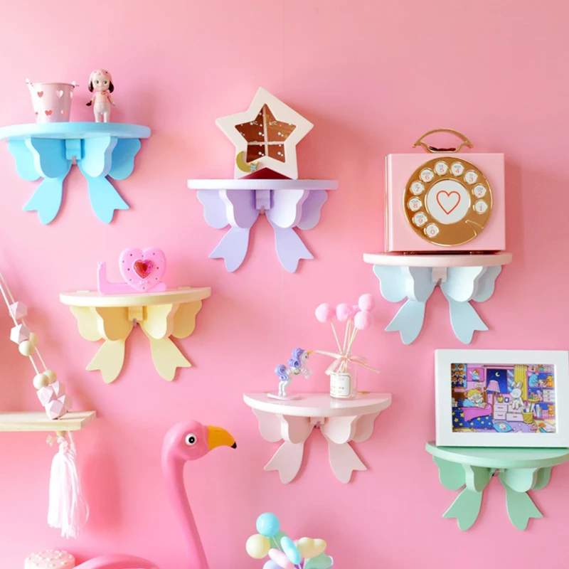 Cute Bow Wall Shelf Storage Racks Nordic Wooden Toy Display Decorative Shelves Birthday Party Girl Kids Pink Room Decor Frame