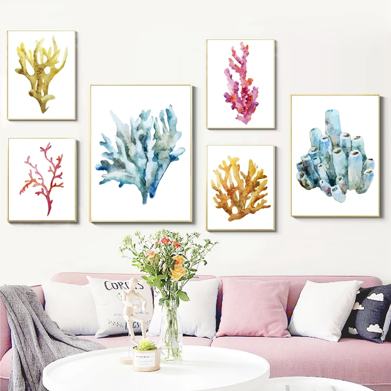 Corals Art Print Wall Pictures Home Decor  , Watercolor Cora Print Wall Art Hanging Bathroom Canvas Painting Nautical Decoration