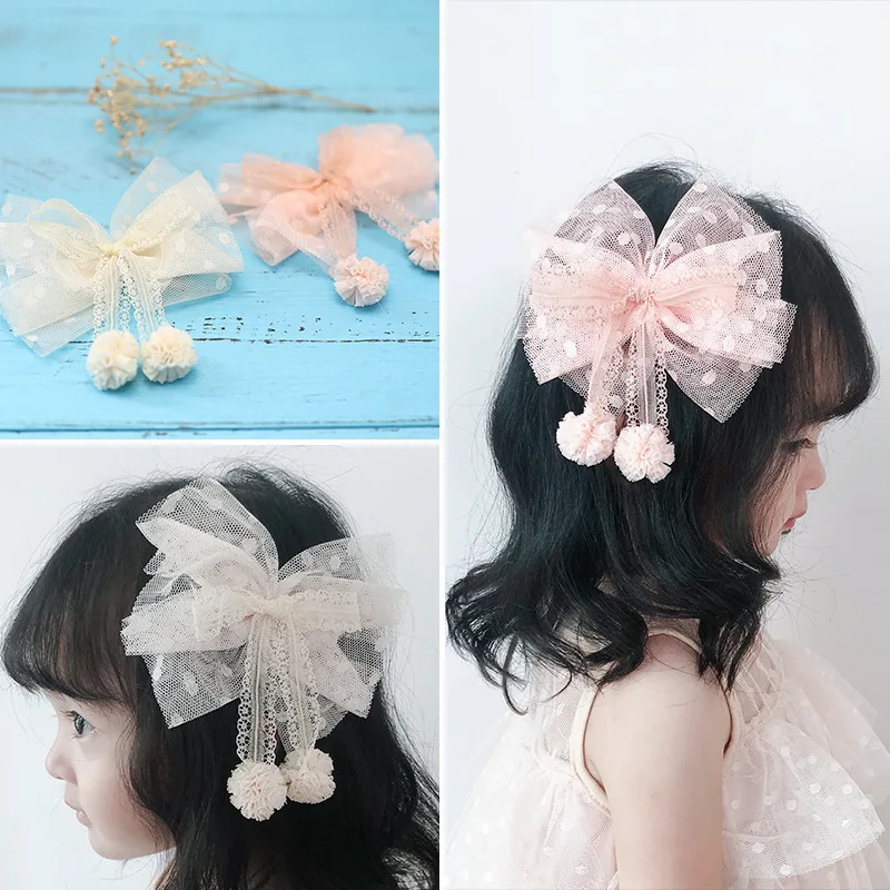 

Boutique ins 10pcs Fashion Cute Dot Stain Ribbon Bow Hairpins Solid Tulle Pom Pom Lace Bowknot Hair Clips Princess Headwear