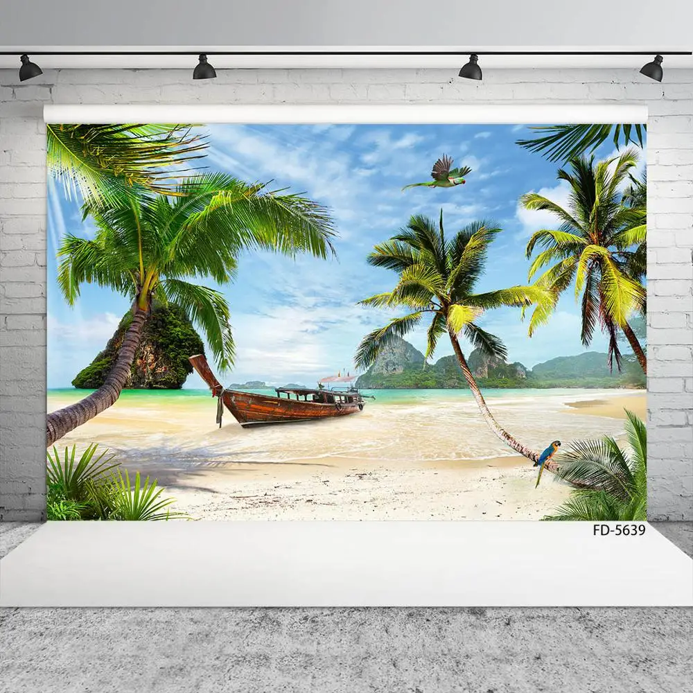 Boat Sea Sandbeach Coconut Tree Photography Backdrop Vinyl Background for Children Baby Portrait Scenery Photocall Fond Photo