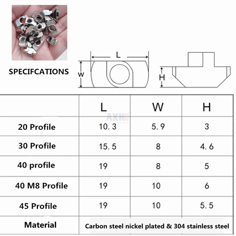 M3 M4 M5 M6 M8 Thread T Nut EU Standard T-Slot Carbon Steel & 304 Stainless Steel 2023 3030 4040 4545 Series Aluminum Profiles