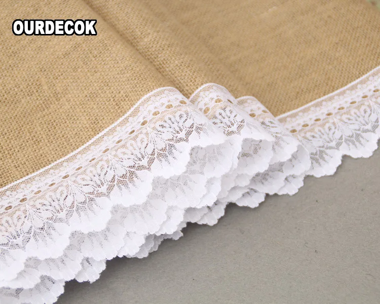 30x275cm Vintage Burlap Lace Edge Embroidery Hessian Table Runner Natural Jute Country Party Wedding Decoration