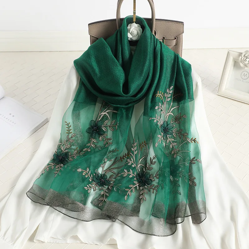 2024 Lady Floral Embroidery Silk Wool Scarf Women Hijab Female Foulard Pashmina Beach Stoles Shawl Wrap Spring Scarves Bandana