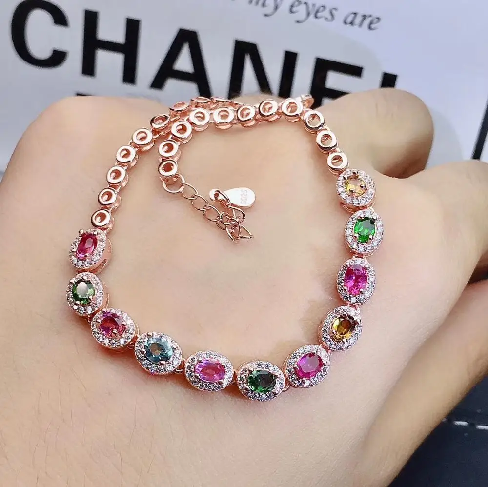 KJJEAXCMY Fine Jewelry 925 Sterling Silver inlaid Natural tourmaline women's hand bracelet Birthday Party Gift for Girlfriend