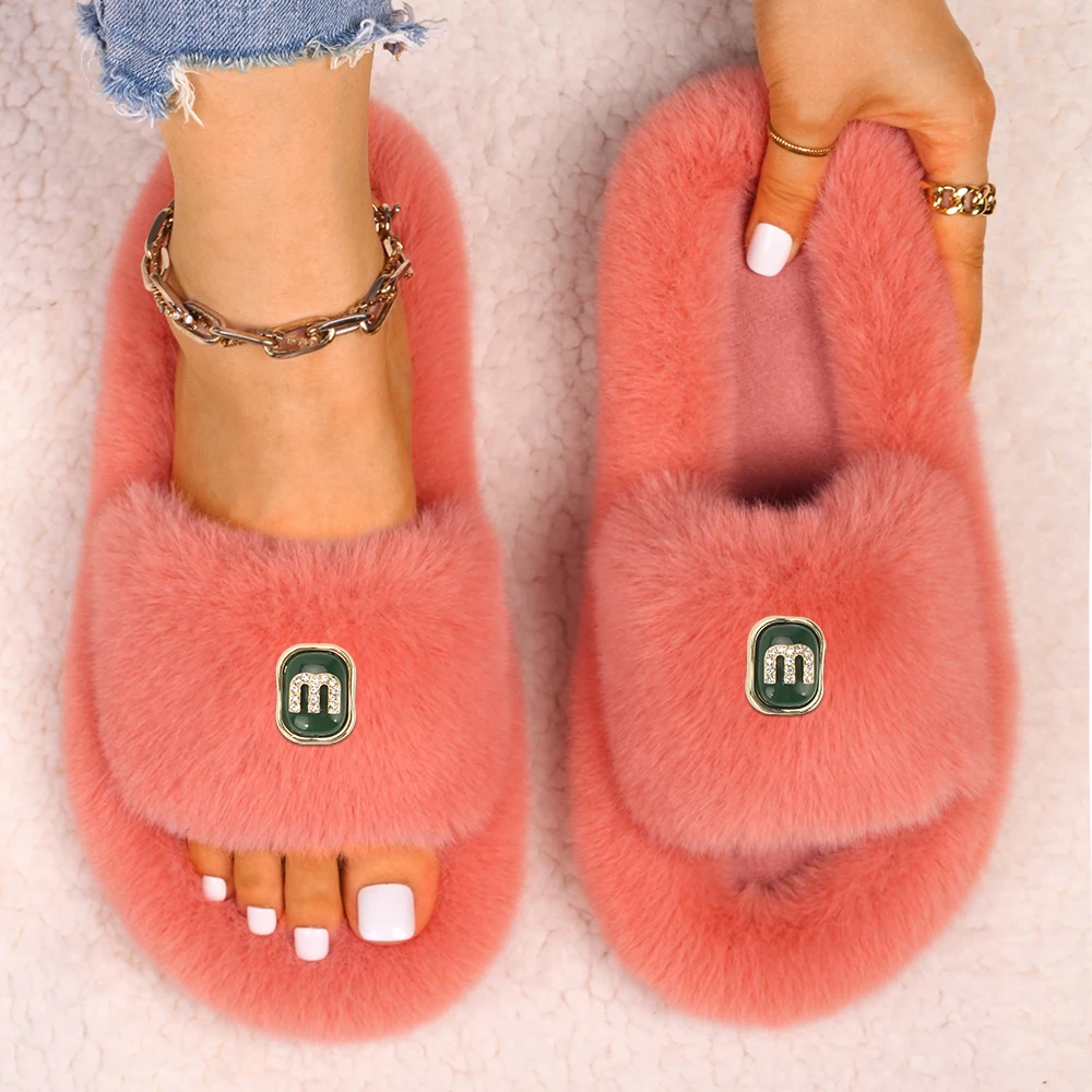 Women Sandals Fluffy Slippers Luxury Designer Letter Decor Furry Slides Flip Flops Faux Fur Slippers Female Brand Retro Shoes