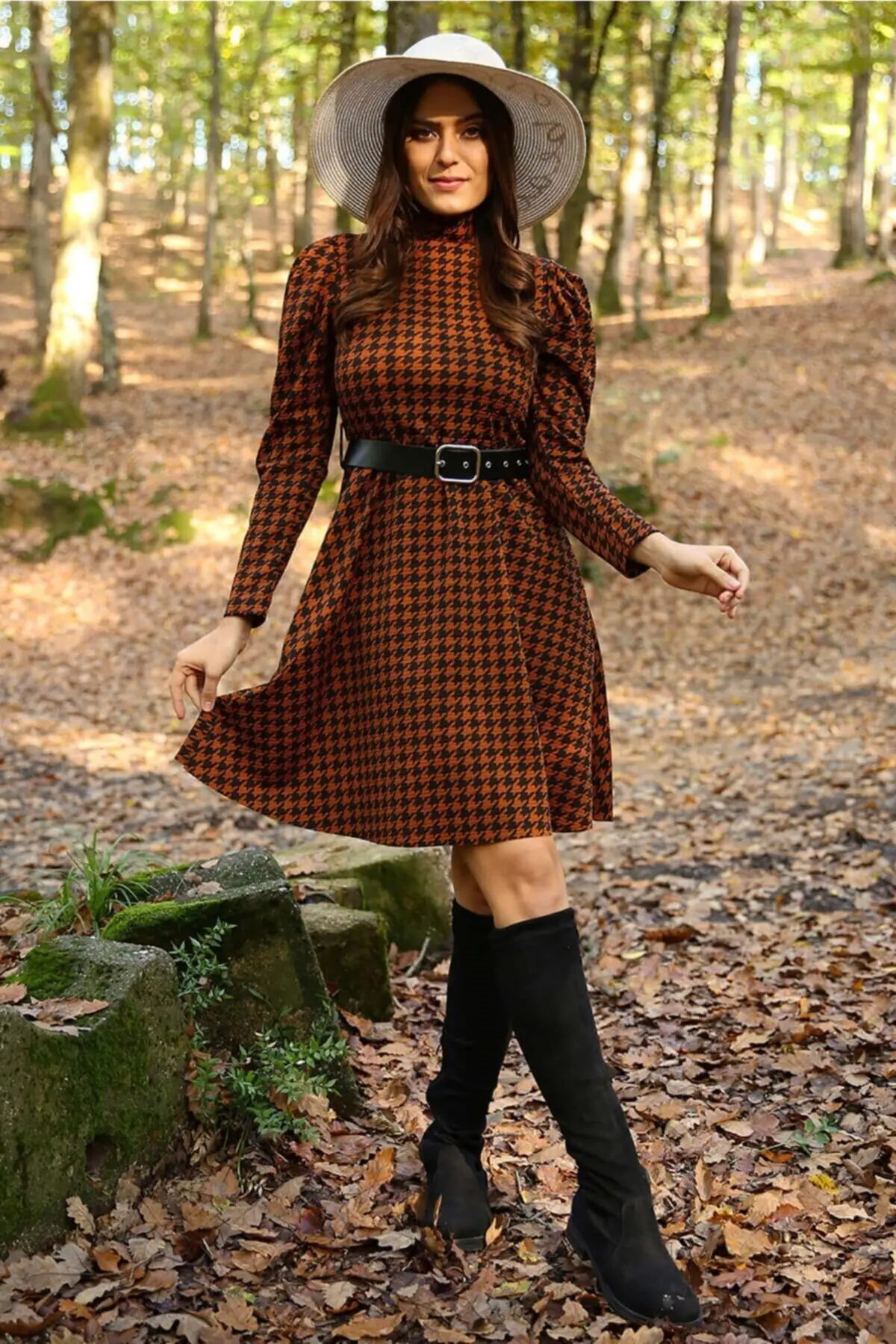 Women Tan Half Turtleneck Sleeve And Belt Detail Winter Dress