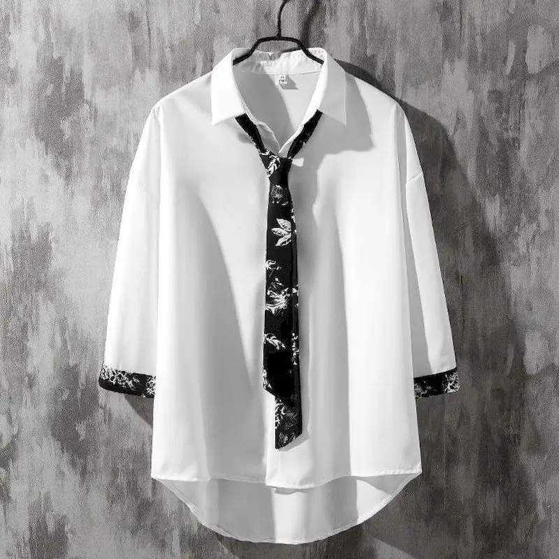 2024 Spring Summer New Button Down Shirts For Men Bow Tie Shirt Male Long Sleeve Pen Original Design Five-color Flower White Top