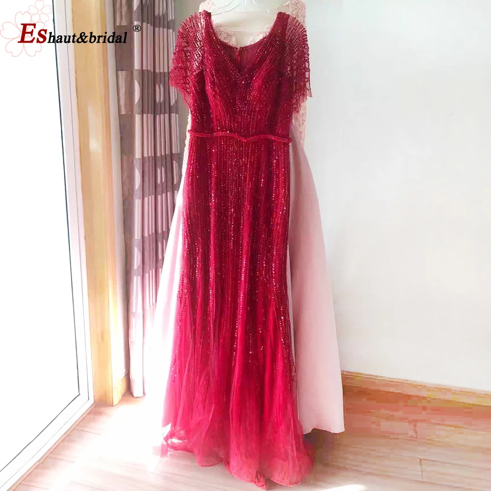 Dubai Burgundy Luxury Mermaid Evening Dresses for Women 2024 Elegant Beading Crystal Formal Wedding Prom Party Gowns Customized