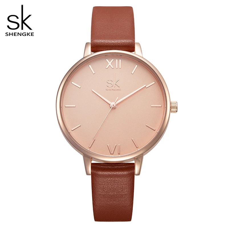 Shengke-Reloj de pulsera de cuero para mujer, cronógrafo de cuarzo de marca de lujo, a la moda, nuevo SK