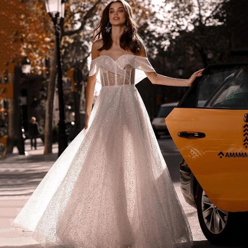 Robe de mariée blanche style Boho, épaules dénudées, ligne a, à paillettes, longueur au sol, grande taille