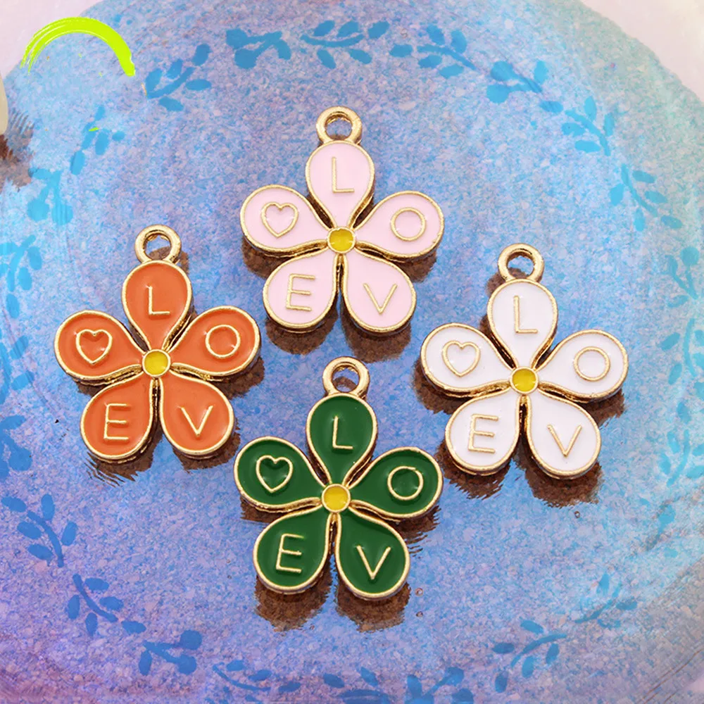Charm Romantic Enamel Love Flower Charms for Necklaces Pendants 10pcs Earrings DIY Colorful Flower Charms Jewelry Finding Making