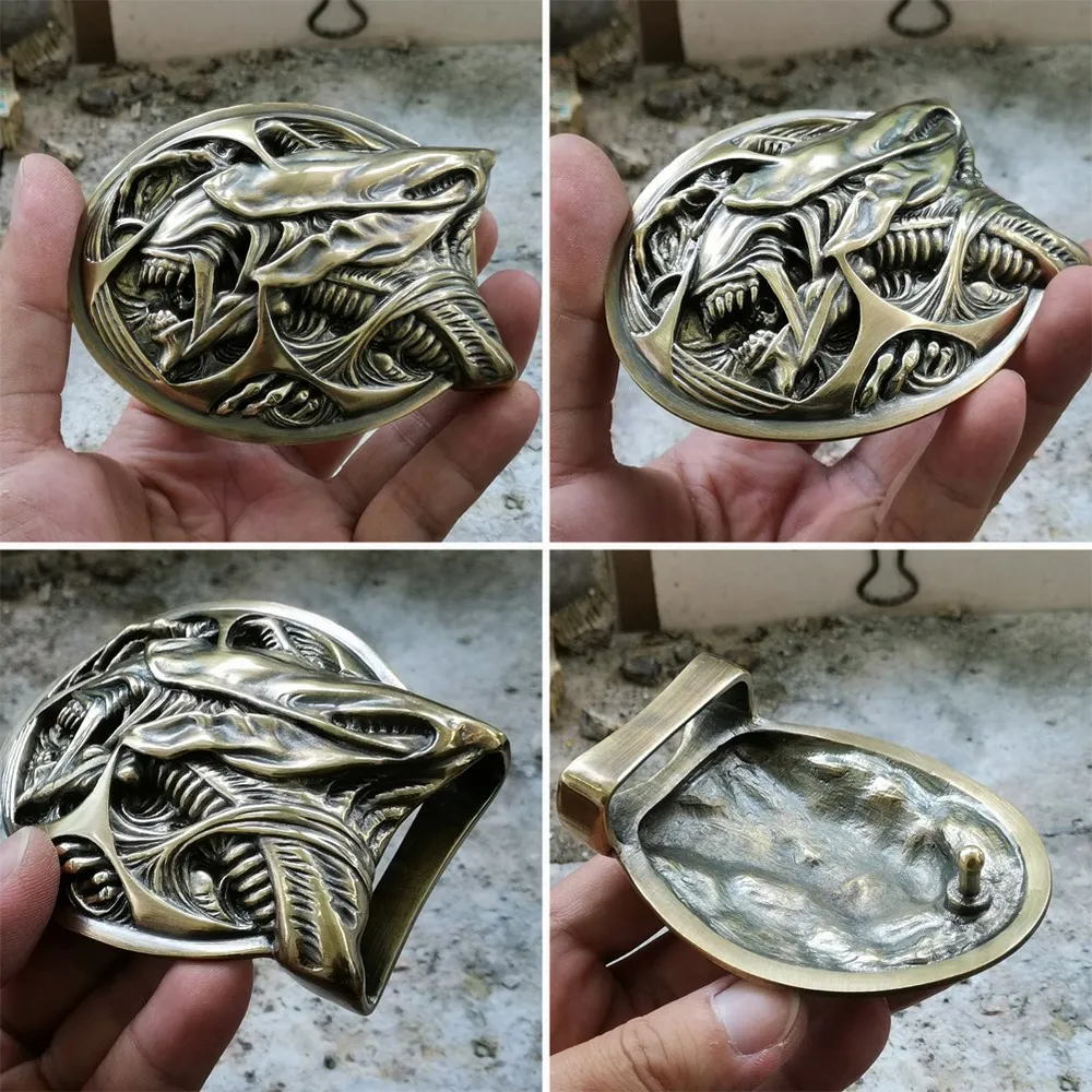 LINSION Handmade Brass AVP Alien Good Details Mens Biker Rock Punk Belt Buckle TA301