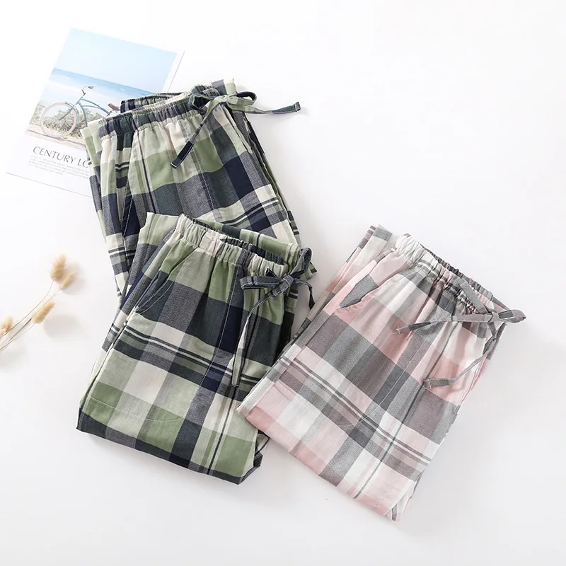 Couple\'s Plaid Pyjama Bottoms Men and Women Cotton Gauze Trousers Summer Elastic Waist Thin Loose Home Sleep Pants