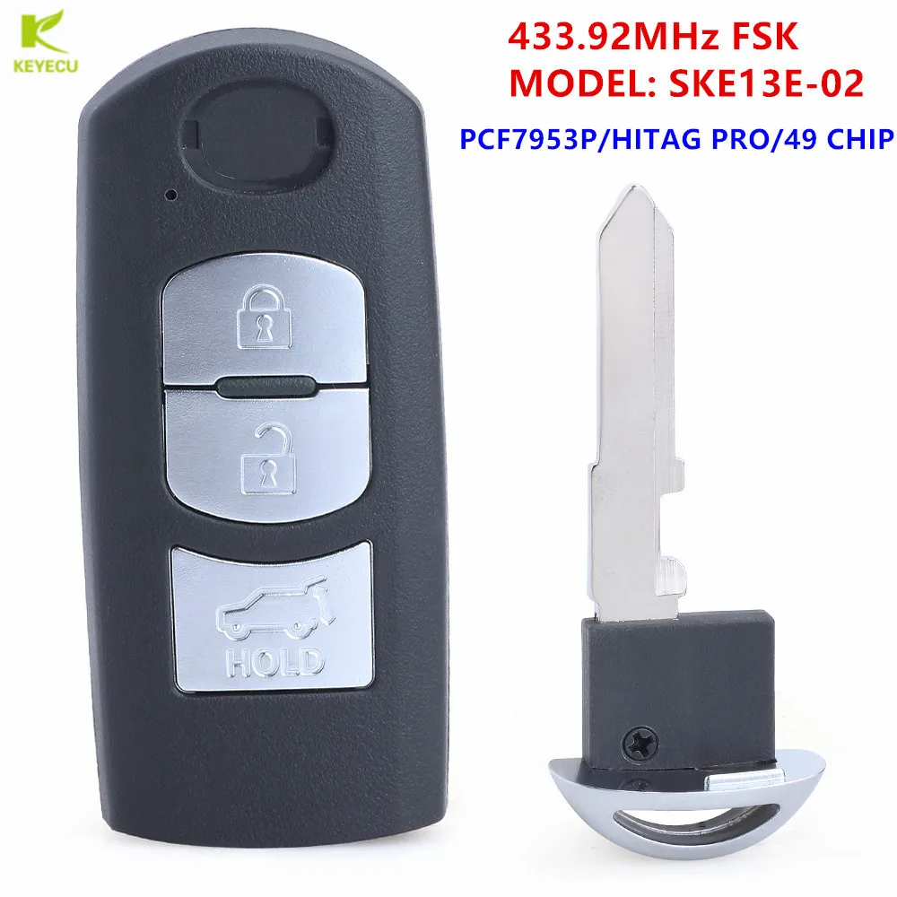 

KEYECU Replacement Proximity Smart Remote Key 3 Button(SUV) 433Mhz PCF7953P 49CHIP for Mazda CX-5 CX-9 2017 2018 SKE13E-02