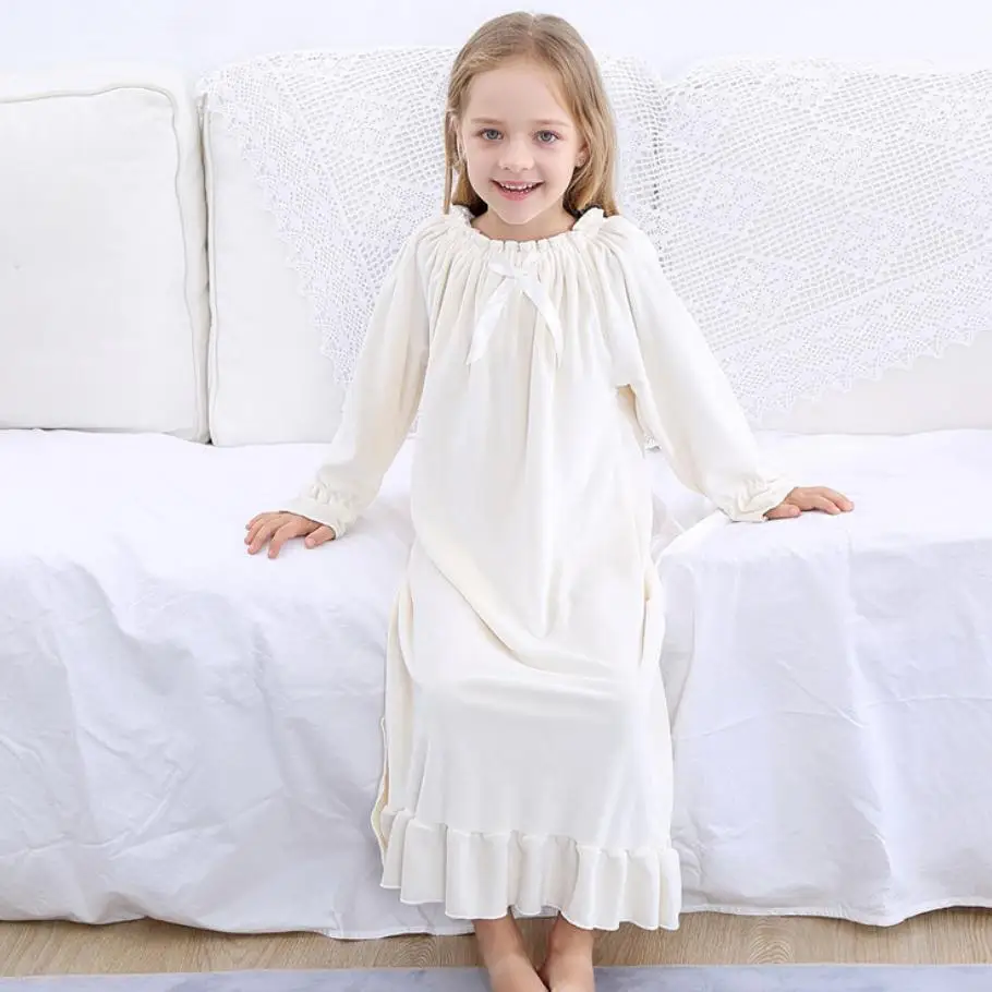 Spring Children's Nightgown Baby Girls Clothes Gold Velvet Kids Sleepwear Vintage Princess Home Wear Long Sleeve Pajamas