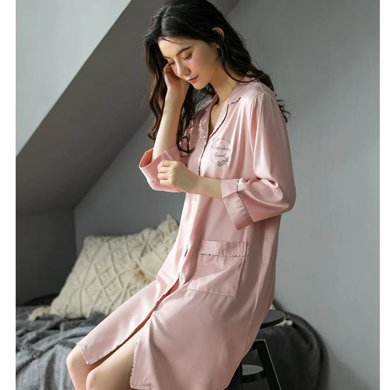 

New style nightdress simple Korean version of spring and autumn long-sleeved nightgown silky kimono sexy lady's home service