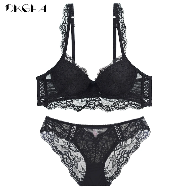 New Sexy Bras Thick Underwear Set Women Brassiere Black Embroidery Brand Push-Up Bra Panties Set Lace Lingerie 3/4 Cup Gather