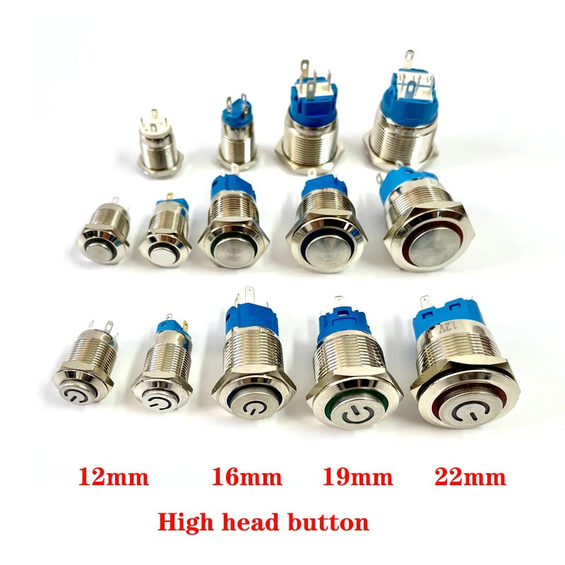 12/16/19/22mm Metal Push Button Switch High Head Ring Lamp Power Symbol Button Waterproof LED Light Self-Lock Self-Reset Button