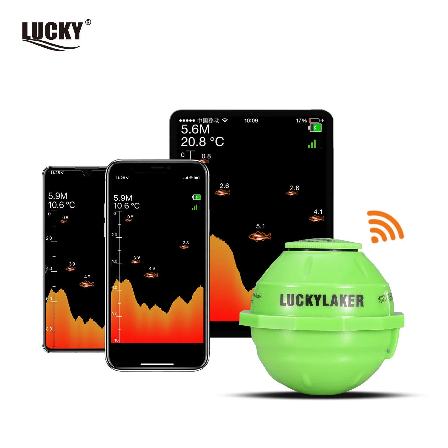 Lucky-Wireless Sonar Fish Finder Sea Fish Detect Portable Sounder WIFI 135 ft (45m) Depth IOS Android FF916